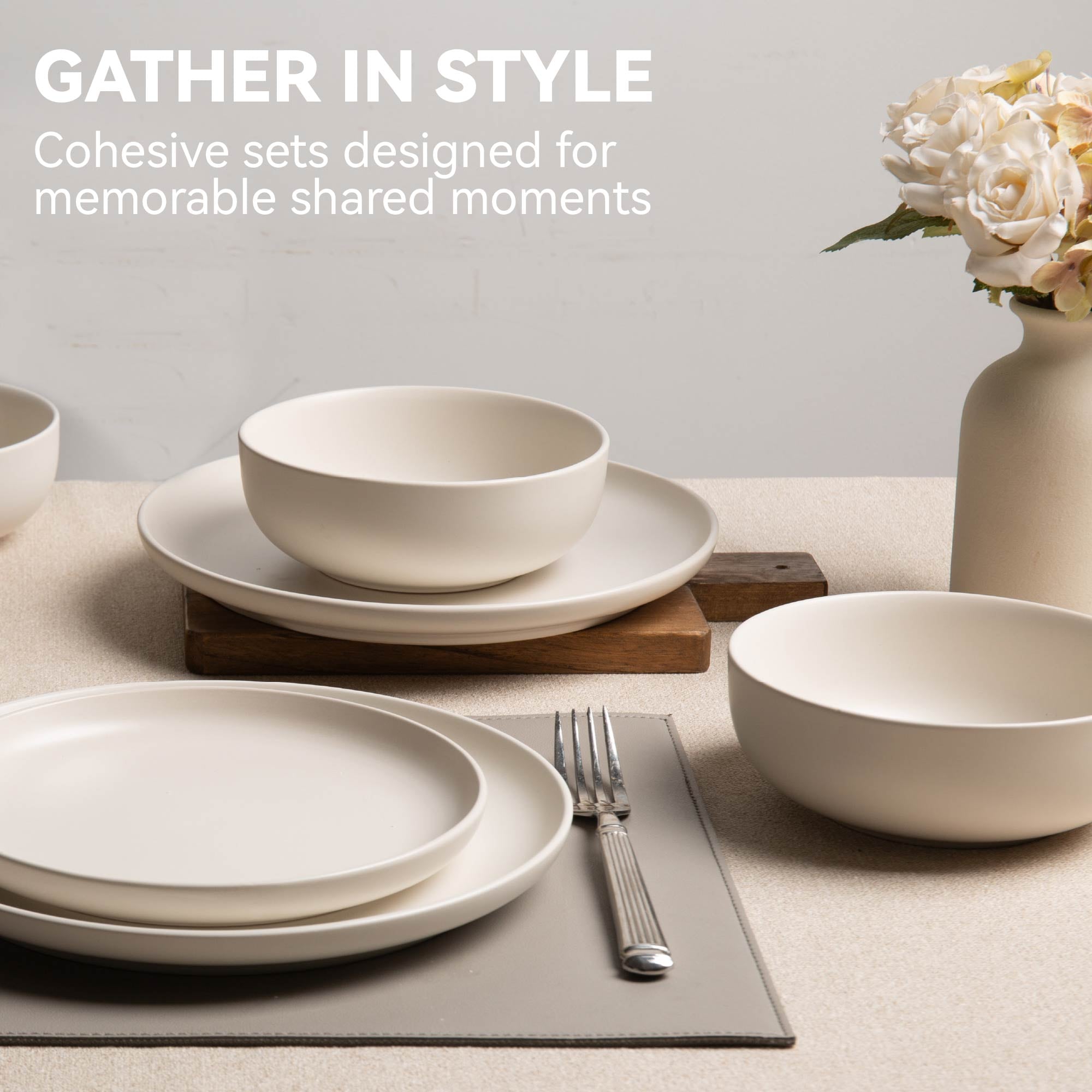 12-Piece Stoneware Dinner Plates Bowls Sets | Microwave & Dishwasher Safe | Non-Toxic Dinner Plates Bowls Set | Stackable Matte Glaze Kitchenware For 4_voghion.com